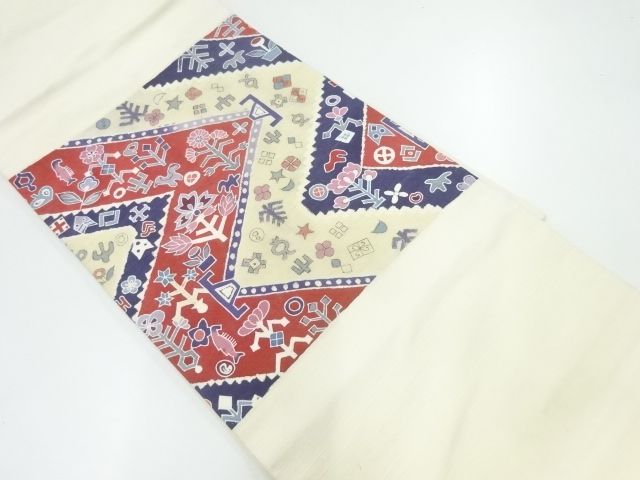 手織り紬手描き幾何学に抽象花模様開き名古屋帯（額縁仕立て）